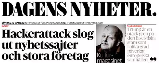 Klipp ur Dagens Nyheter med artikel om hackerattack.
